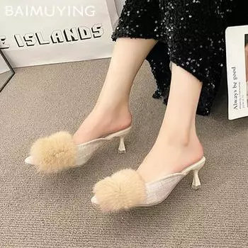 Меховые женские тапочки с острым носком, модные элегантные зимние туфли на среднем каблуке 2025 года, дизайнерские туфли-лодочки Mujer Zapatillas 34 бежевый