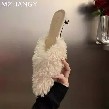 Меховые женские тапочки с острым носком, модные туфли на каблуках, элегантные женские зимние трендовые шлепанцы 2025 года, платье, женские зимние сапоги 35