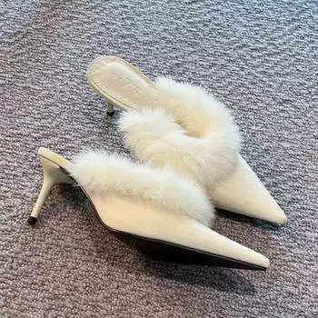 Меховые женские тапочки с острым носком, сексуальные замшевые шлепанцы на высоком каблуке, зимняя обувь 2025 года, тренд, элегантная вечеринка, Zapatos Mujer 35 чёрный