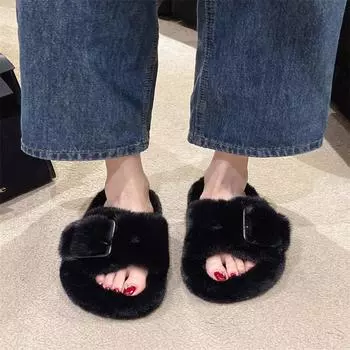 Меховые женские тапочки зимой 2024 года, натуральная норковая обувь, плоская подошва, женская домашняя плюшевая обувь, повседневная обувь 35 бежевый