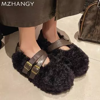 Меховые женские туфли на платформе из хлопка на плоской подошве, модные теплые зимние ботинки для женщин 2025 года, модные новинки Mary Jane Cozy Mujer Zapatos 35 чёрный