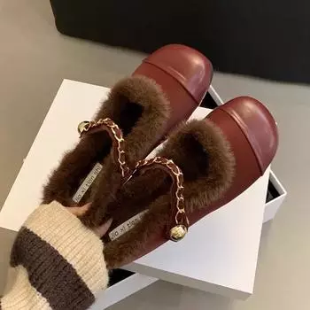 Меховые женские туфли на плоской подошве из хлопка с цепочкой, мюли с открытой пяткой, повседневная женская обувь, трендовые новые хлопковые туфли, удобные фирменные красные женские зимние ботинки 35 чёрный