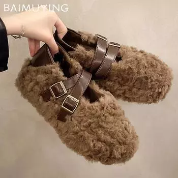 Меховые женские туфли на плоской подошве на платформе повседневные зимние ботинки хлопковые мокасины обувь женская трендовая зимняя теплая плюшевая обувь 2025 года кроссовки Mujer 35 коричневый
