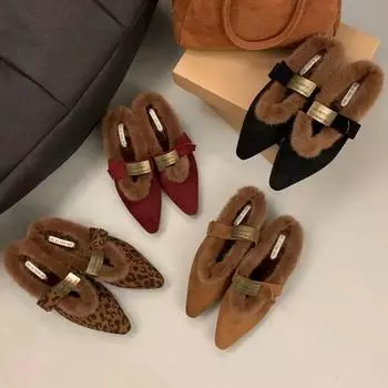 Меховые женские туфли на плоской подошве с острым носком из замши, короткие, плюшевые, модные, элегантные туфли 2025 года, зимнее дизайнерское платье Mujer Zapatillas 35 леопардовый
