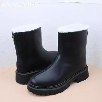 Меховые женские зимние ботильоны из кожи, короткие, плюшевые, на среднем каблуке, хлопковые туфли 2025 года, трендовые зимние теплые нескользящие ботинки для женщин 36 чёрный