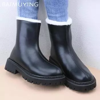 Меховые женские зимние ботильоны из кожи, короткие, плюшевые, на среднем каблуке, хлопковые туфли 2025 года, трендовые зимние теплые нескользящие ботинки для женщин 36 чёрный