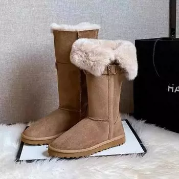 Меховые женские зимние сапоги на плоской подошве на платформе до середины голени теплые замшевые хлопковые туфли женские трендовые зимние прогулочные удобные ботинки 35