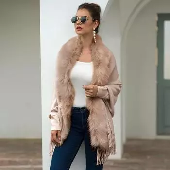 Меховые женские зимние вязаные кашемировые накидки, шаль, кардиганы, свитер, пальто one size красный