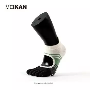 Meiikan Beauty Look Носки для йоги с пятью пальцами Профессиональные Нескользящие Фитнес Спортивные Носки Подчеркивающие Подъем Стопы Чулки для Пилатеса для Танцев Grey + Green (full toe)
