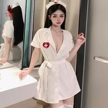 Meilikou новый cos сексуальная форма медсестры глубокий v соблазнение горячий косплей чистая сладкая униформа 1969 .