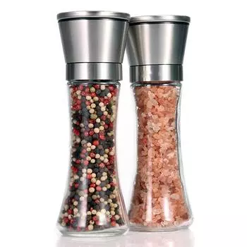 Мельница для перца и соли Leeseph 18/8 из матовой нержавеющей стали, высокий стеклянный корпус на 6 унций, регулируемый керамический ротор 5 степеней помола