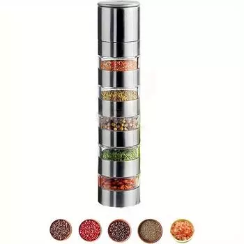 Мельница для приправ из нержавеющей стали, портативный дорожный набор специй, модульный контейнер для специй, набор мельниц для соли и перца 5-в-1, подходит для кемпинга серебряный