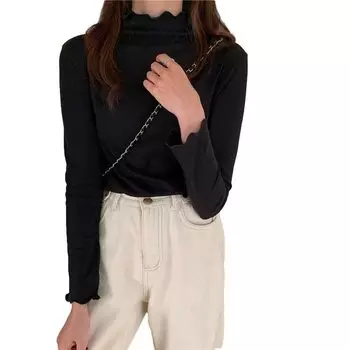 Mellow Long High Cut and Free [ririka] Tops, Sleeves, Innerwear, Pullover, Neck, Autumn, Winter, Spring, Ruffles, Plain, Layering, Cute, Beautiful,