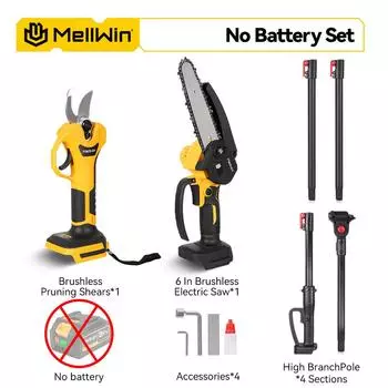 MELLWIN 200см Телескопическая штанга Бесщеточная электрическая 6-дюймовая цепная пила Ножницы для высоких веток Садовый инструмент для обрезки Для аккумулятора 18В 21В Without Battery