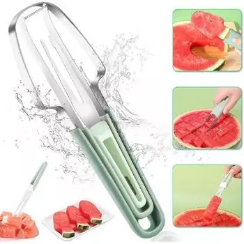 Резак для дыни, арбузорезка 3 в 1 из нержавеющей стали, резак для фруктов, арбузорезка, нож для дыни из нержавеющей стали для дома, вечеринки, кемпинга зелёный