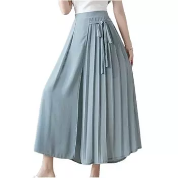 [Meluse] широкие брюки складки юбка брюки лента талия эластичный корпус покрывает весну лето осень дамы синий освежающий прохладный пушистый универсальный низ