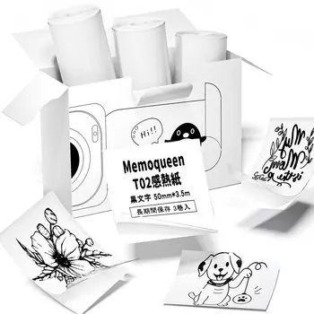Memoqueen T02 Прозрачная самоклеящаяся термобумага Бумага для принтера T02 Мини-принтер Совместимая неразрезанная рулонная бумага Этикетка Наклейка Ширина 50 мм Самоклеящаяся