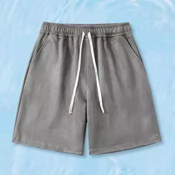 Мужские спортивные шорты, шорты средней посадки с эластичной резинкой на талии, карманы на штанинах, широкие шорты для бега с завязками, однотонные замшевые шорты M чёрный