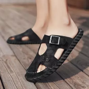 Men Baotou Shoes Sandals Summer Leather Slippers Retro Fashion Men Shoes Man s Beach Slippers Toe Protection for Male Swim Walk 39 хаки