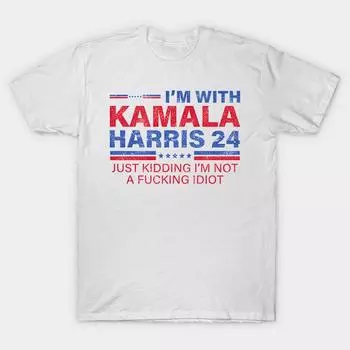 Мужская черная футболка с принтом Камала Харрис 24 Just Kidding Not Idiot Смешная политическая винтажная футболка с принтом на бумаге без вырезания и принтом из хлопка M белый