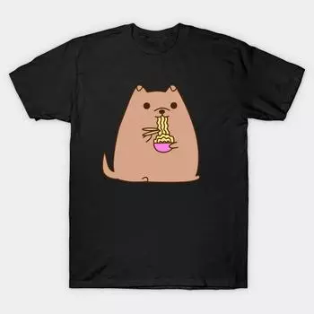 Мужчины Черная футболка с принтом Super Large TShirt pupsheen-eating-ramen No-Cut Переносная бумага с принтом Хлопковая футболка S чёрный