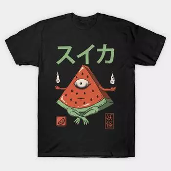 Мужская черная футболка с принтом, очень большая футболкаYokai Watermelon No-Cut Transfer Paper Print Cotton Tshirt M чёрный