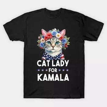Men Black Print T-shirt Super Large TShirt Cat Ladies for Kamala Funny Cat 2024 President Kamala-Harris No-Cut Transfer Paper Print Cotton Tshirt M чёрный