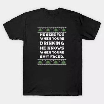 Men Black Print T-shirt Super Large TShirt he-sees-you-when-youre-drinking No-Cut Transfer Paper Print Cotton Tshirt S чёрный