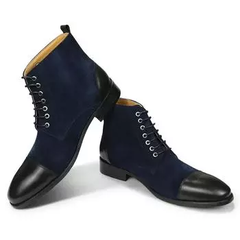 Men Boots 2024 New Fashion Dress Shoes Handmade Suede Genuine Leather Patchwork Ankle Lace Up Workplace Office Pointed Footwear 39 синий