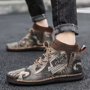 Men Boots Ankle Man Shoes Brown Leather Casual Winter Shoes Boots with Fur Warm Plus Size Men Shoes High Top Male Footwear 6.5 чёрный