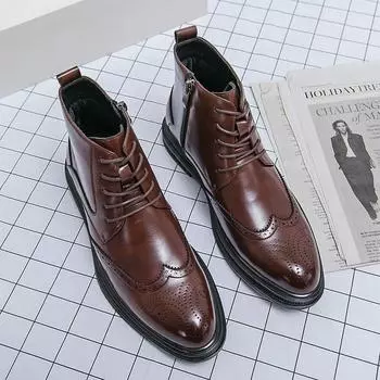 Men Boots PU High Cut Solid Color Side Lace Up Carved Pointed Toe Classic Comfortable Business Dress Shoes 37 чёрный