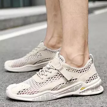 Men Breathable Mesh Top Layer Pigskin Casual Shoes Fashion Patchwork Men Sneakers Summer Man Comfortable and Soft Walking Shoes 38 серый