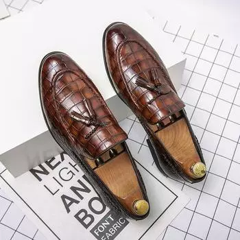 Men British Comfort Light Lefu Shoes with Tassels Loafers Round Toe Slip on Classic Fashion Business Casual Wedding Dress Shoes 38 чёрный