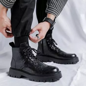 Men Business Leather Boots Fashion High Top Thick Soled for Men Casual Leather British Style Ankle Boots Men Motorcycle Boots 38 чёрный