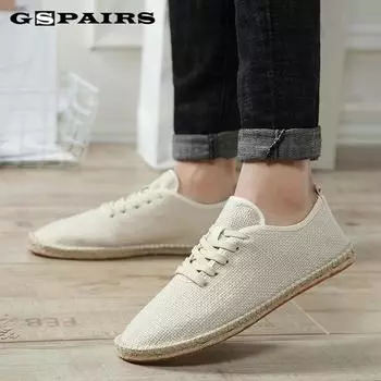Men Canvas Shoes Breathable Men s Loafers Lace-up Solid Black White Hemp Wrap Mens Shoes Espadrilles Fisherman 35 чёрный