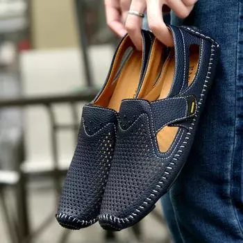 Men Casual Driving Shoes New Non-Slip Flats Leather Fashion Men Walking Shoes Men Handmade Sandals All-match Mens Slip on Shoes 38 синий