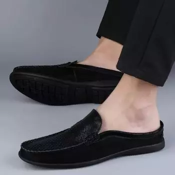 Men Casual Leather Boat Shoes Mens Loafers Hollow Out Shoes Summer New Half Slipper Lazy Flats Muller Shoes Male British Style 37 бежевый
