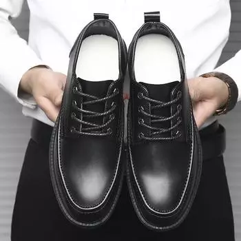 Men Casual Shoes Thick Soled Men Leather Shoes Black Round Toe Thick Soled New Elegant Slip on Casual Leather Shoes 42 чёрный