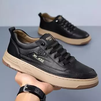 Men Casual shoes Thickening Leather Sneakers Shoes slip on fashion Wear-Resistant Walking Shoes men Outdoor Sneakers 38 чёрный