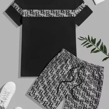 Мужская повседневная футболка с коротким рукавом, летний комплект одежды для мужчин, комплект из 2 предметов, мужские спортивные костюмы Y2K, футболка большого размера с принтом и круглым вырезом S