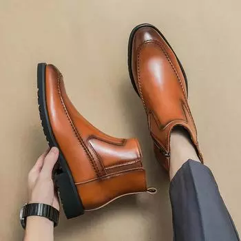 Men Chelsea Boots Brand Retro Side Zipper Comfortable 2024 Fashion Men Boots High Top Leather Shoes Large Toe Banquet Men Boots 38 чёрный