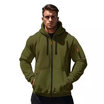 Men Coat Long Sleeve Zipper Closure Hooded Sweatshirt with Large Pockets Solid Color Velvet Thickened Warm Outerwear L