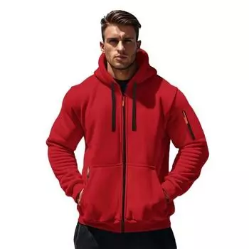 Men Coat Long Sleeve Zipper Closure Hooded Sweatshirt with Large Pockets Solid Color Velvet Thickened Warm Outerwear S