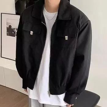 Men Coat with Chest Pockets Double Zipper Lapels Long Sleeves Solid Color M чёрный