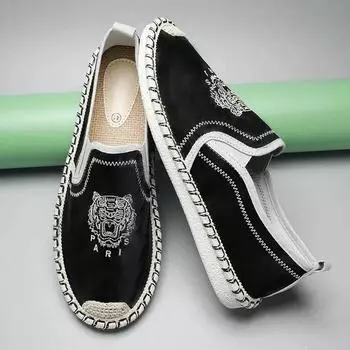 Men Comfort Canvas Breathable Tiger Head Embroidered Loafers Male Outdoor Walking Shoes Soft sole Jogging Sneakers Footwear 39