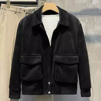 Men Corduroy Jacket Lapel Long Sleeve Flap Pockets Full Zipper Closure Solid Color L зелёный