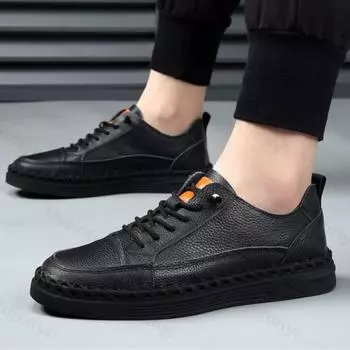 Men Cow Leather Casual Shoes 2025 Spring Autumn Comfortable Fashion Stitch Flat Skateboard Shoes Handmade Vulcanized Shoes 38