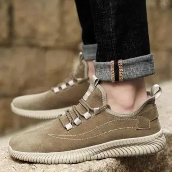 Men cow suede Leather Shoes Luxury Designer Slip on Loafers outdoor Casual Comfortable sneakers Flats Driving Moccasins men 6.5 бежевый