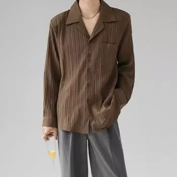 Men Cuban Collar Shirt Long Sleeve Stripe Textured Button-down Shirt Loose Fit Solid M синий