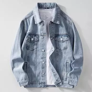 Мужская джинсовая куртка с отложным воротником, однобортная, с длинными рукавами, свободная, весна-осень, джинсовая куртка L чёрный